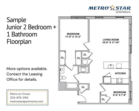 Floor plan for 2 beds, 1 bath, 963 sqft